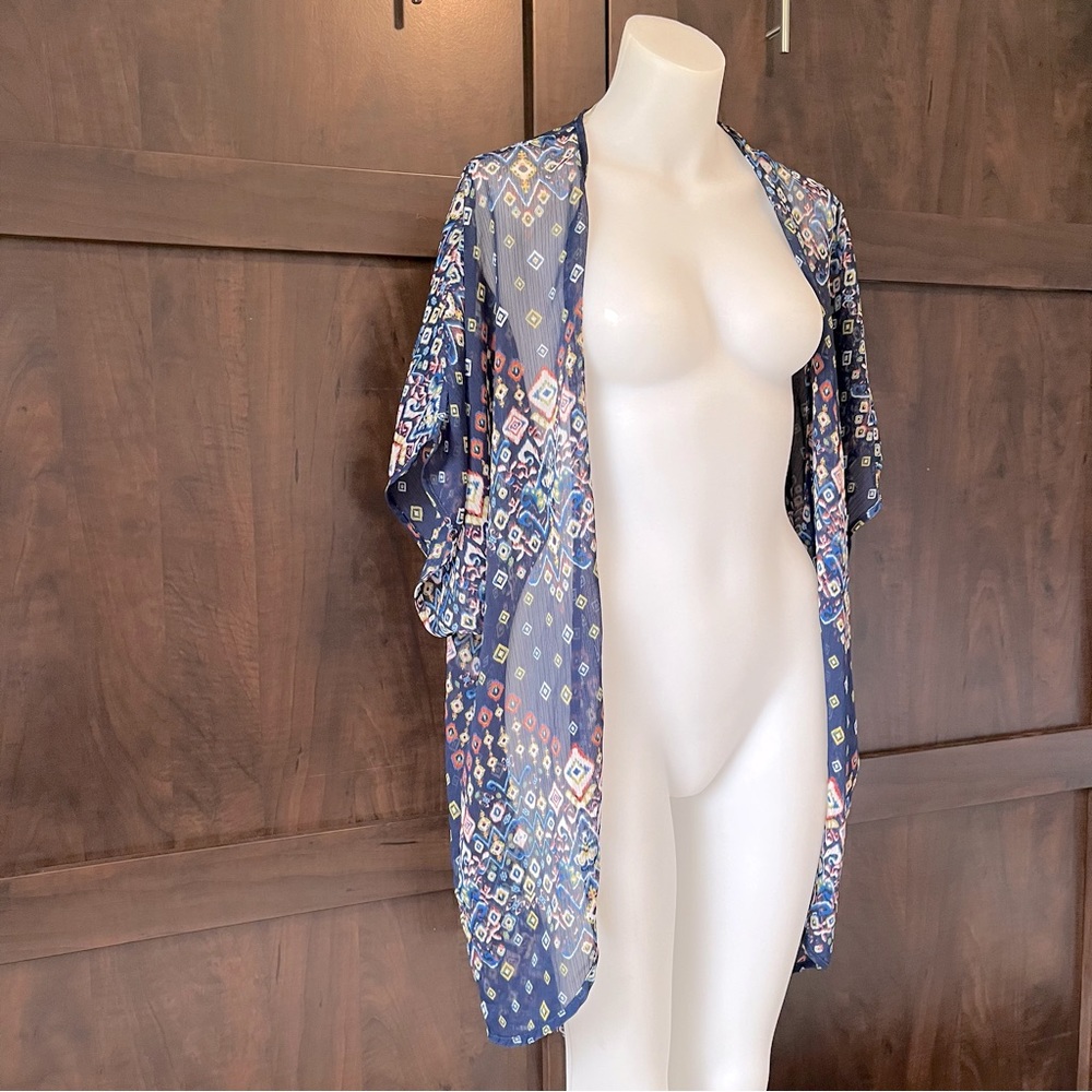 ANNIANNA Sheer Patterned Shawl/Kimono Top, Blue/Multi-colour, S